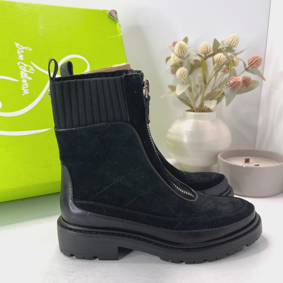 Sam Edelman Leone Suede Lug Sole Chelsea Boots Front Zipper Black Women's 5.5 M - Picture 3 of 11